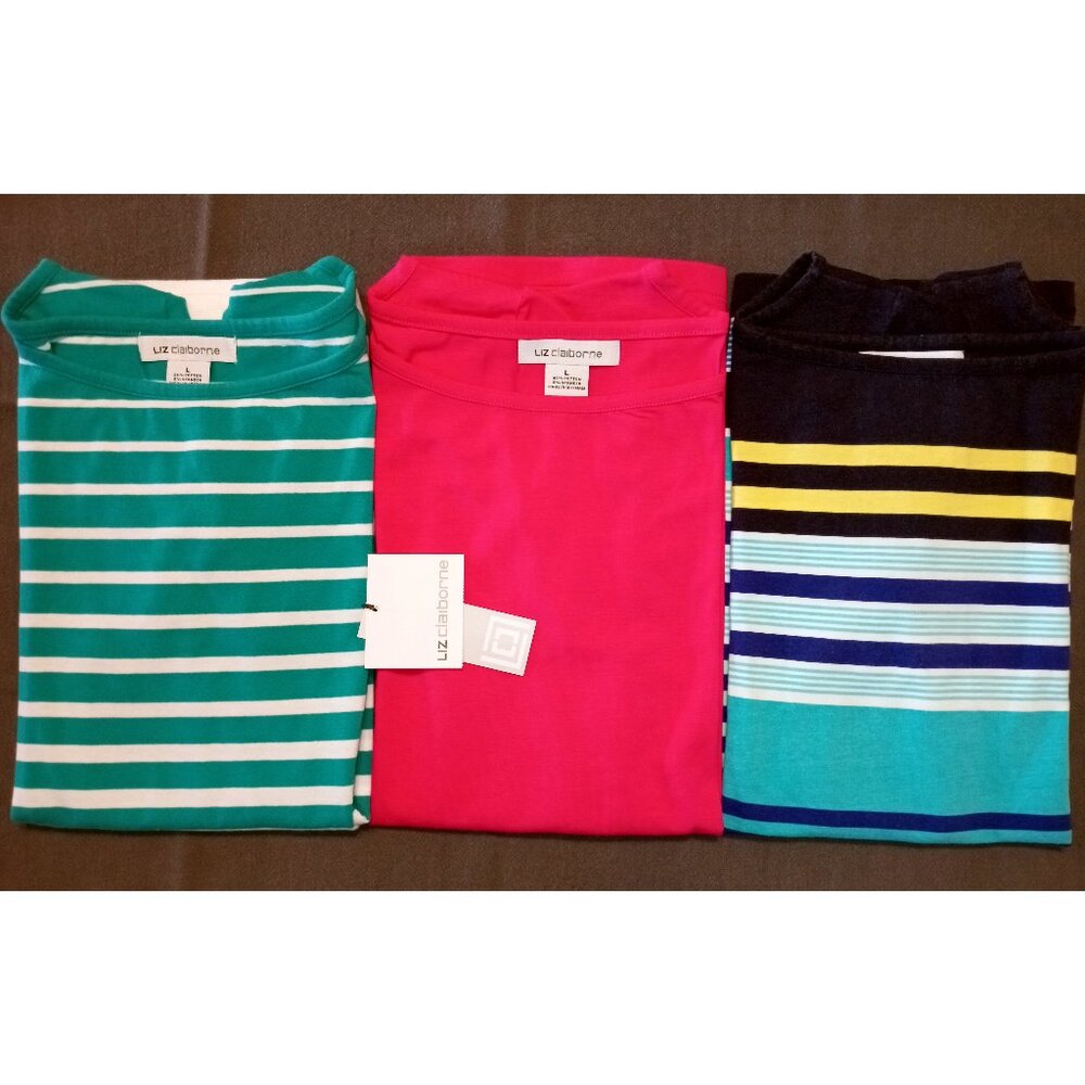 Liz Claiborne Pink Large Tee (New), Plus 2 Bonus Liz C. Green Striped L Tees